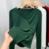 Solid Color Long-sleeved V-neck Cotton T-shirt for Women's New Autumn Thin Inner Bottoming Shirt Irregular Design Top