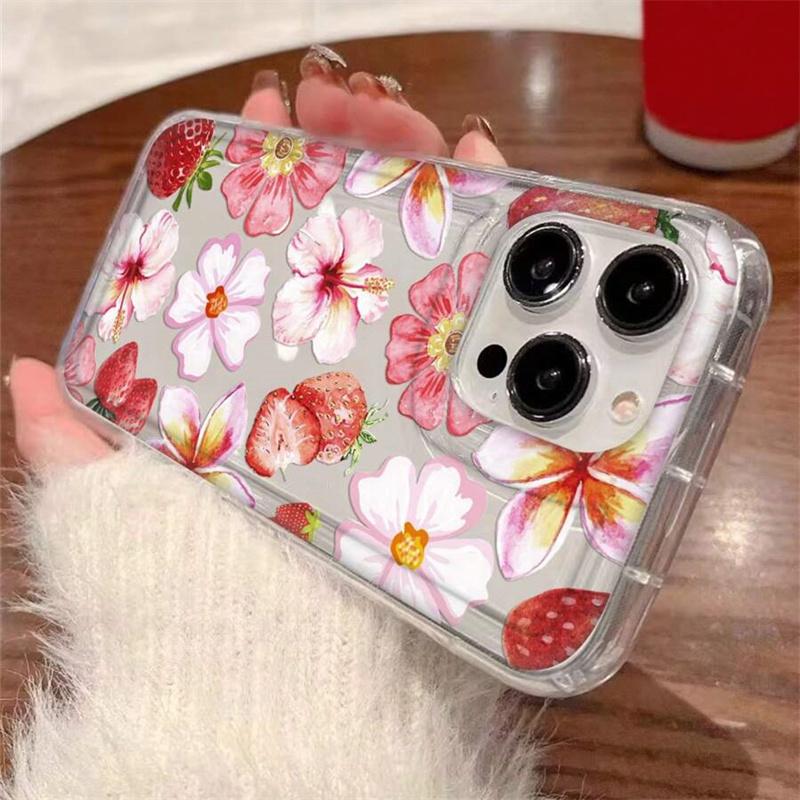 Floral & Strawberries Pattern Transparent Phone Case For iPhone 16 16e 14 13 15 Pro Max 11 12 Pro Mini 7 8 Plus Soft TPU Cover
