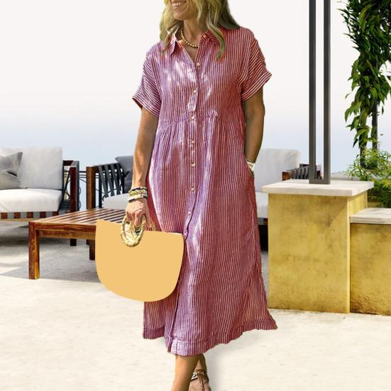 Полосатое платье-рубашка с лацканами на пуговицах и карманами, летнее повседневное длинное пляжное платье А-силуэта с коротким рукавом для женщин