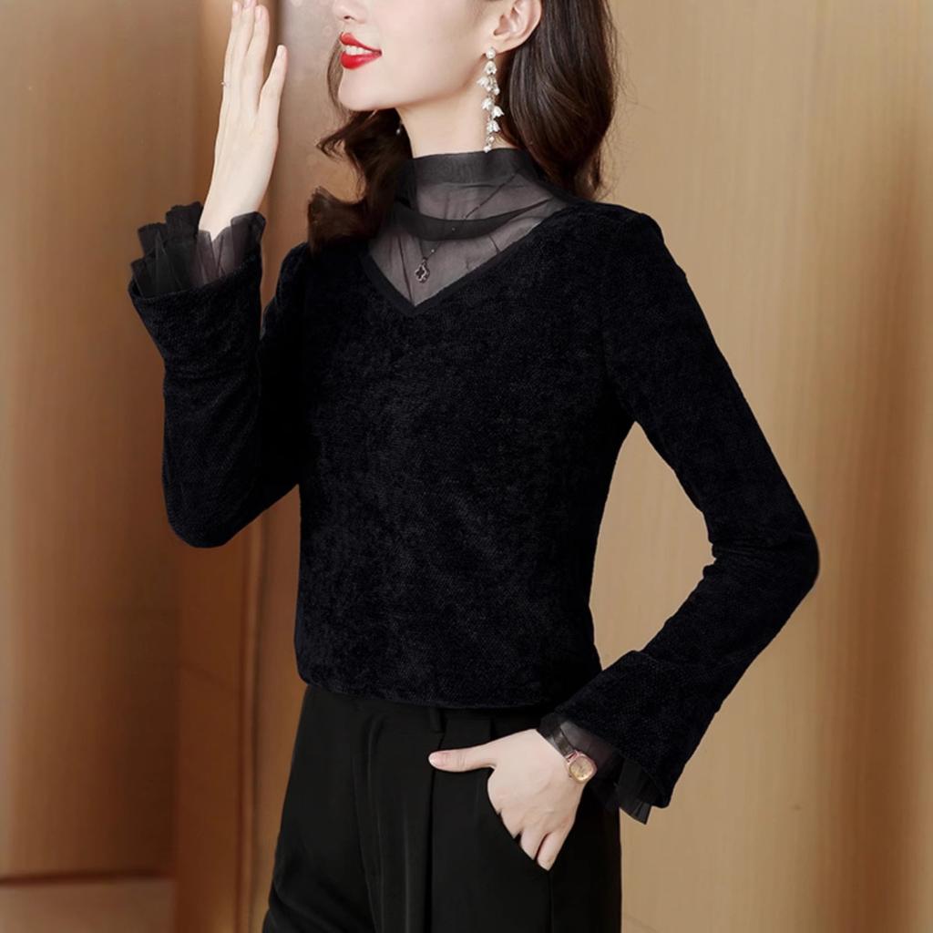Winter New Splicing Long-sleeved T-shirt Women's Bottoming Shirt with Small Shirt Top