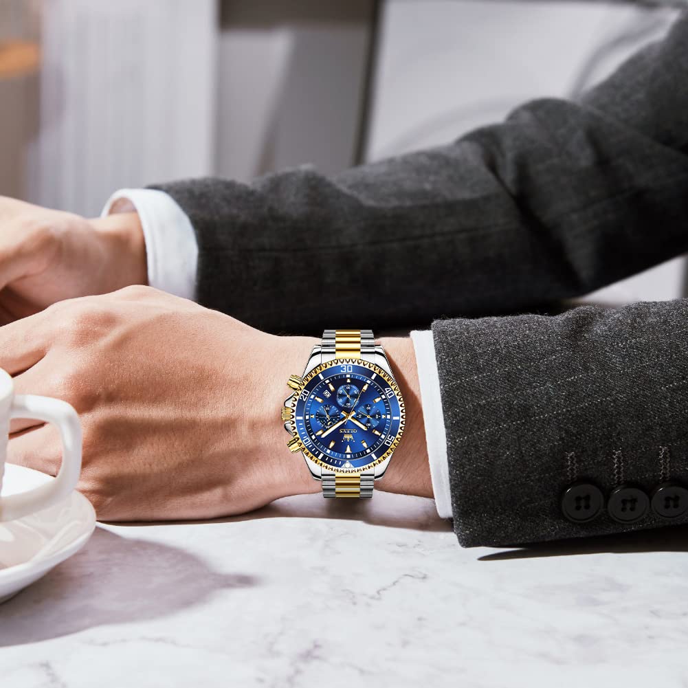 OLEVS Мужские часы Популярные наручные кварцевые модные деловые часы с хронографом из нержавеющей стали для мужчин Водонепроницаемые мужские часы с датой Подарочные синие