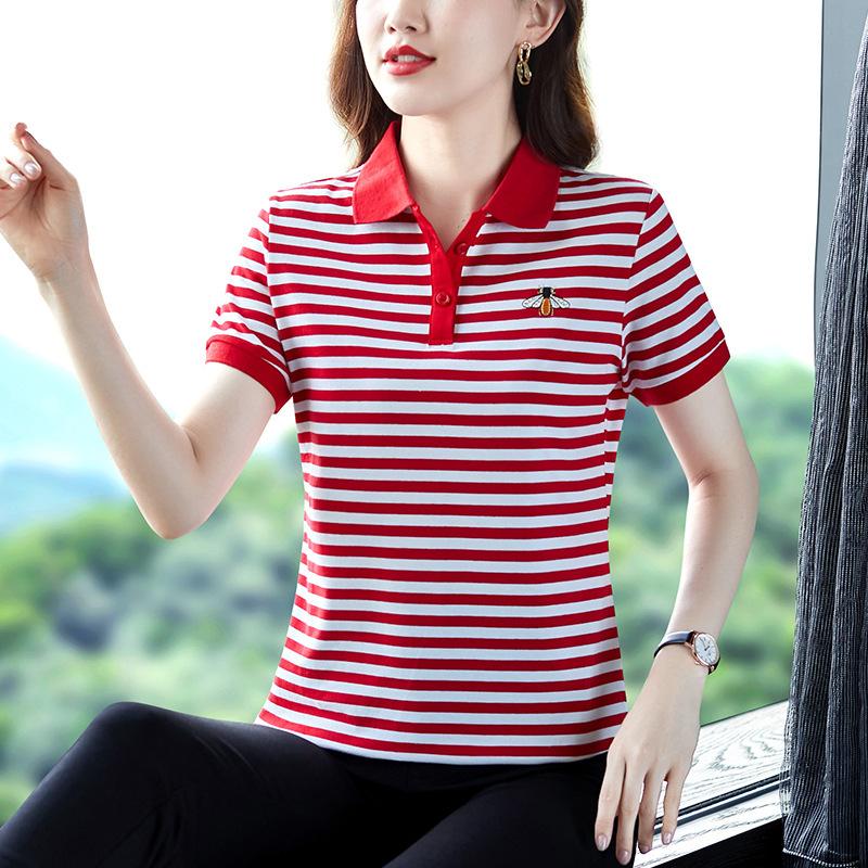YYFS Женские модные повседневные летние весенние полосатые рубашки с короткими рукавами и воротником-поло с принтом, блузки и рубашки