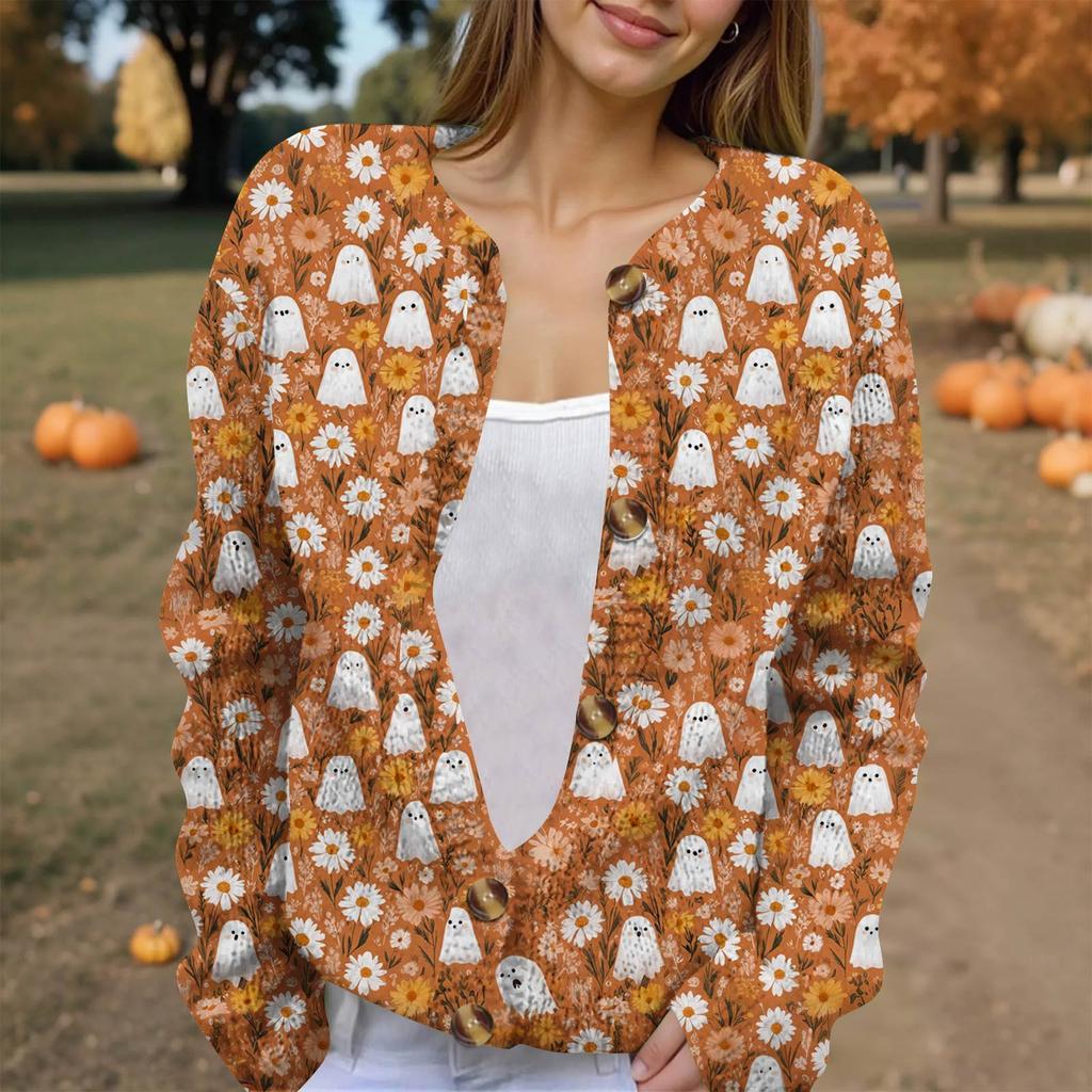 Women's Fashion Printed Long Sleeve Knitted Cardigan Button Down Jacket
