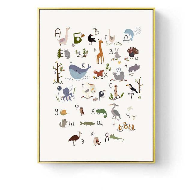 Настенный художественный постер с алфавитом, настенное искусство для детской комнаты, животное, письмо, скандинавская холст, живопись, языковая обучающая картина, декор для детской комнаты