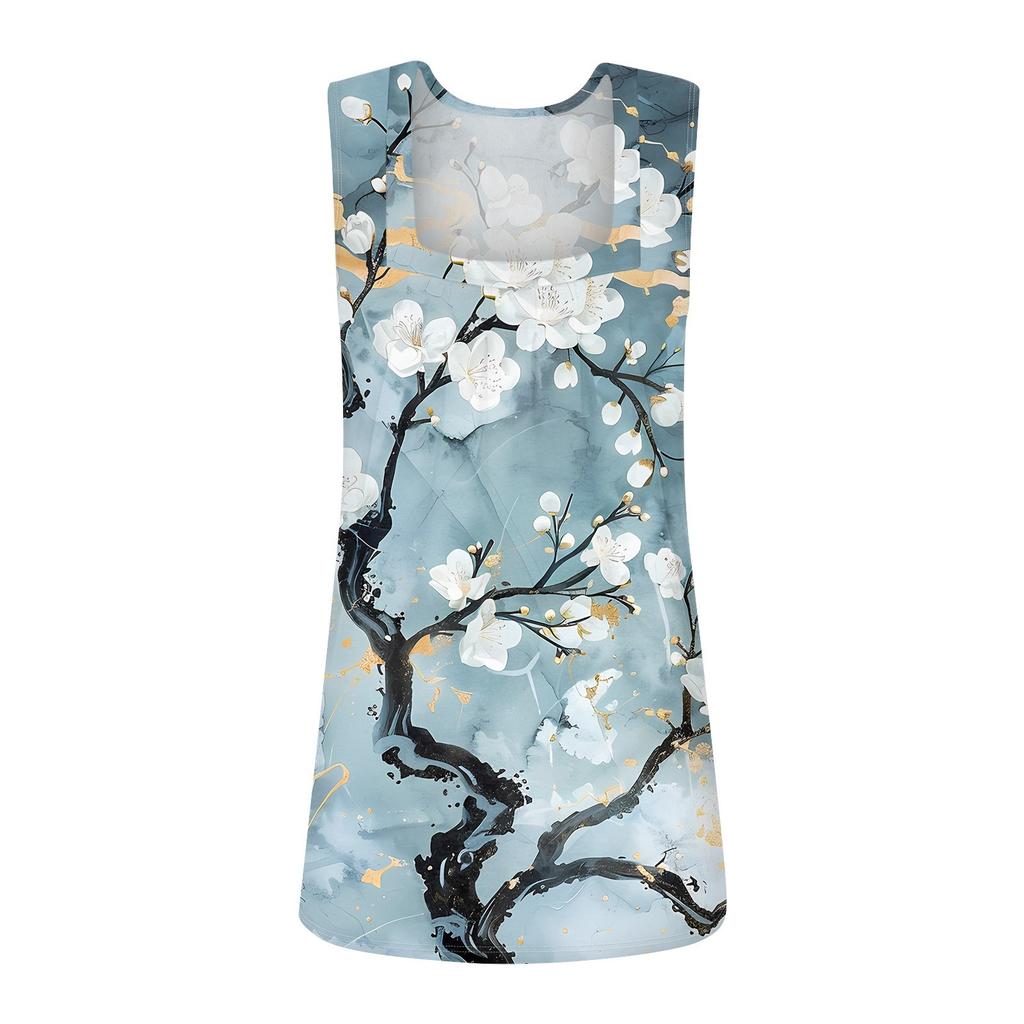 Square Collar Tank Top Women Print Tank Tee Casual Loose Fit Sleeveless Shirt