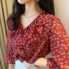 Шифоновая блузка с цветочным принтом, женская рубашка с v-образным вырезом, свободная нижняя рубашка больших размеров