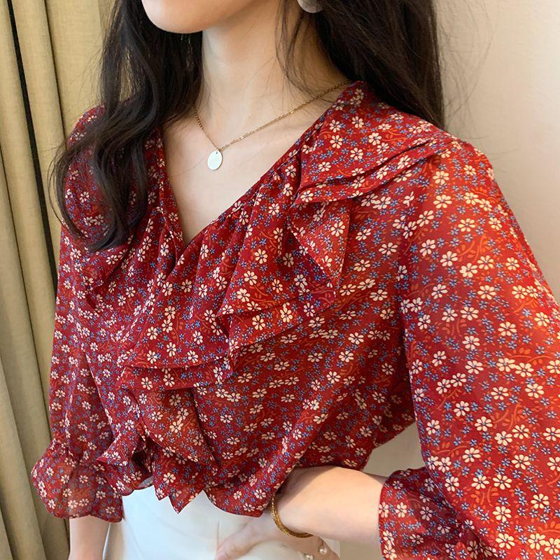 Шифоновая блузка с цветочным принтом, женская рубашка с v-образным вырезом, свободная нижняя рубашка больших размеров