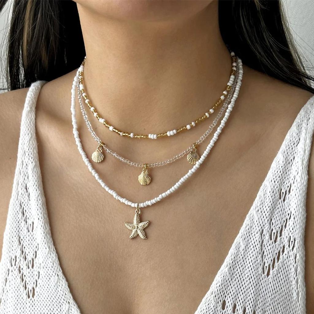 Handmade Rice Beads Multi-layer Stacked Choker for Women Simple Starfish Shell Pendant Necklace Bohemian Beach Jewelry Gifts