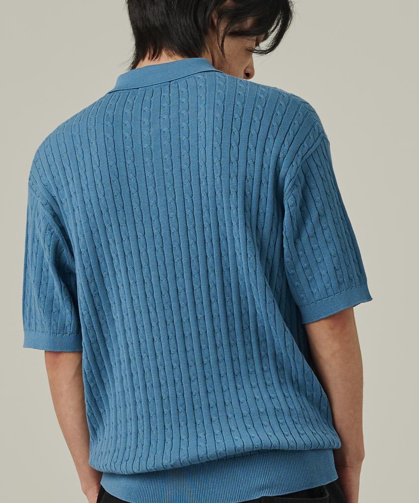 ANALOG MOOD Cable Half-Zip Collar Short-Sleeve Knit (Sky Blue)