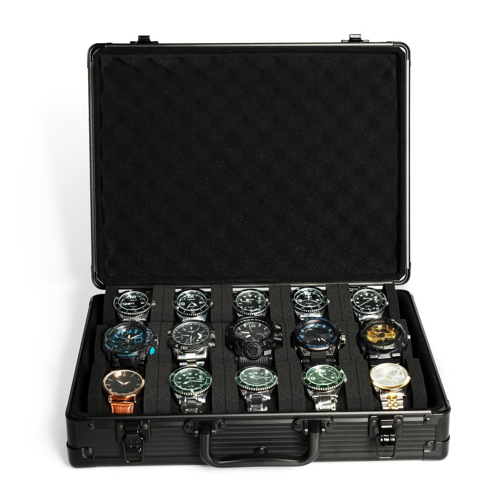 AUKURA Aluminum Watch Deluxe Watch Storage Box Display Fits Large Watches Up To 55mm 15-Slot Case, Organizer.