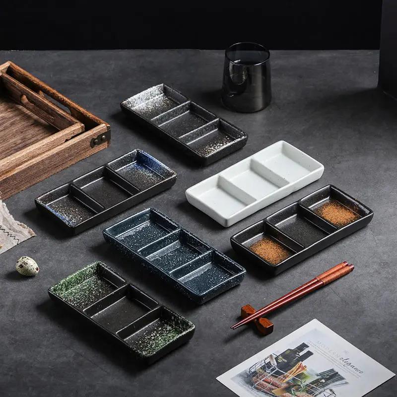 7.5 Inchs Ceramics 3 Grids Dipping Sauce Plate Japanese Retro Household Vinegar Dish Restaurant Hot Pot Dipping Sauce Tableware