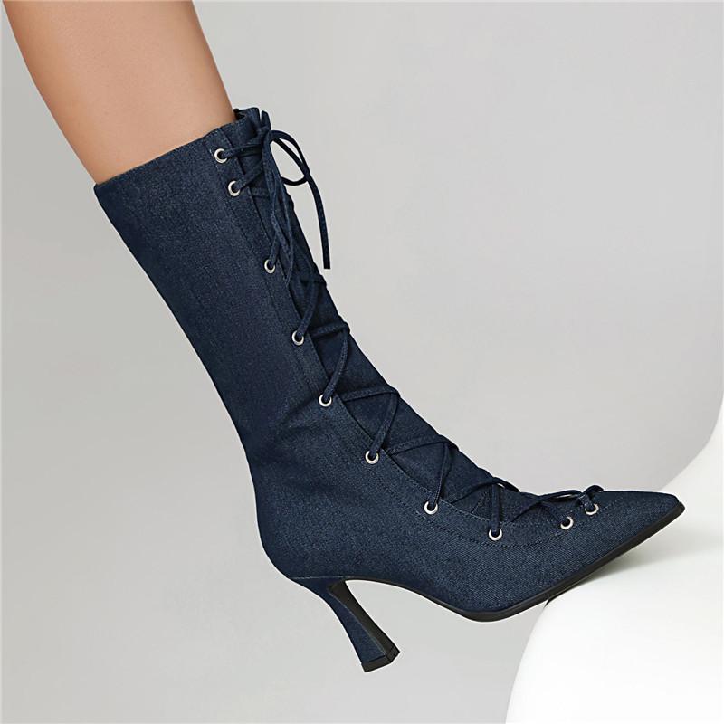 Women's High-heeled Short Boots Autumn and Winter New Style Pointed, Slim, and Oversized Denim Boots