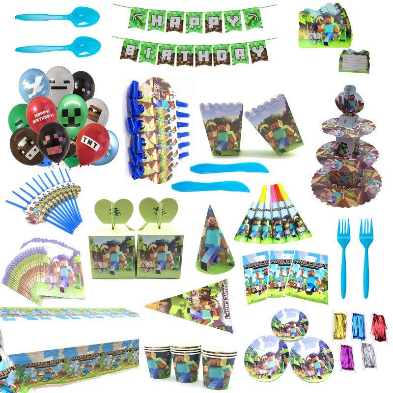 Принадлежности для вечеринки в честь будущего ребенка и дня рождения в стиле Minecraft с ярким набором посуды