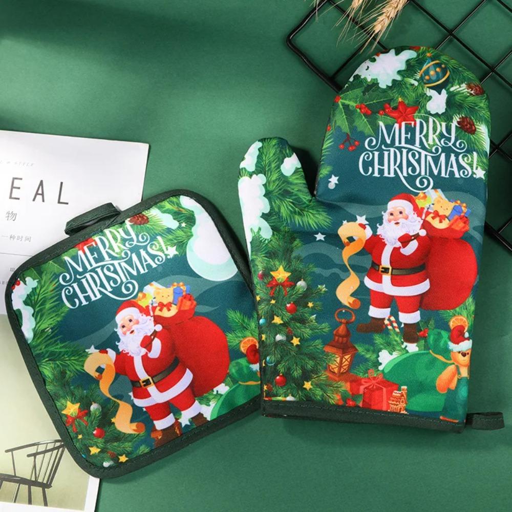 Christmas Oven Mitts and Potholders Set, Santa Snowman Deer Classic Oven Mitt Heat Resistant Kitchen Oven Gloves