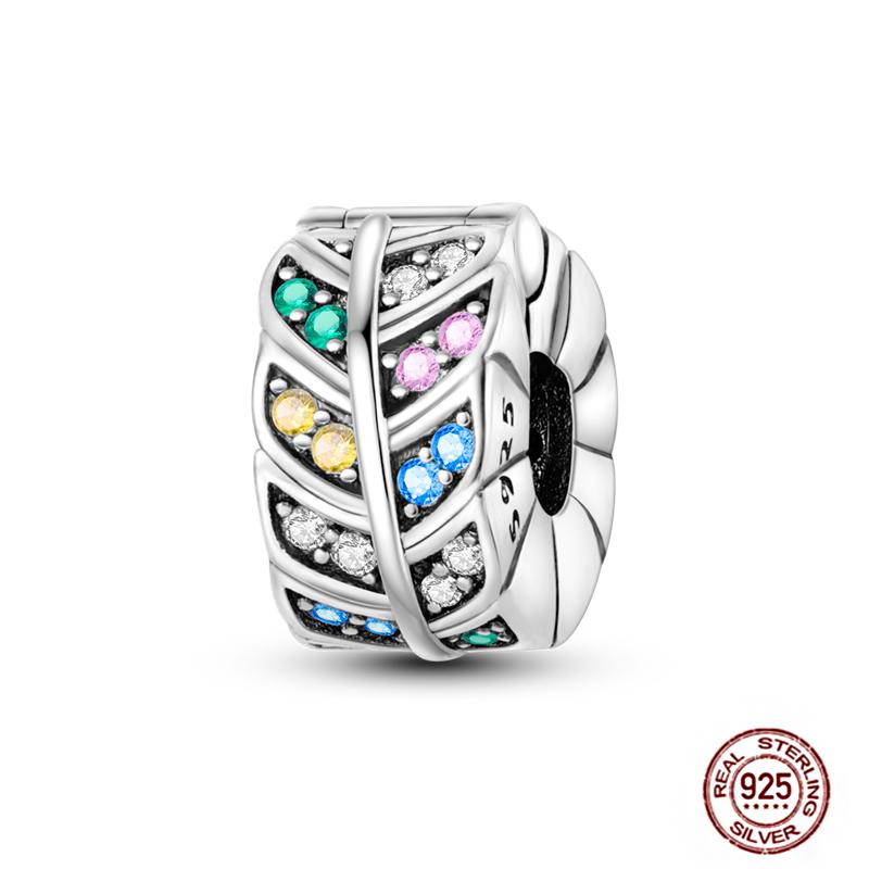 Round 925 Copper Clasp Pave Clip Charms Blue Star Moon Butterfly Slide Safety Chains Spacer Beads Fits Original Bracelet Zircon