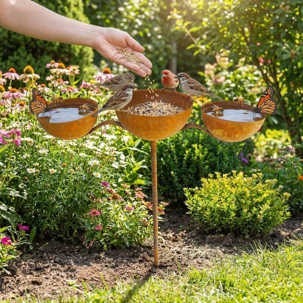 Rusted 3-Tiered Bird Bath Metal Bird Feeding Station Multi-Purpose Bird Water Bowls  Yard