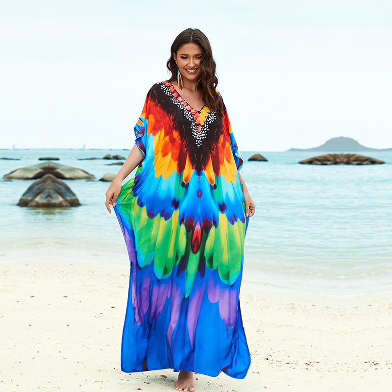 Свободный хлопковый халат большого размера с принтом - Пляжная накидка для женщин