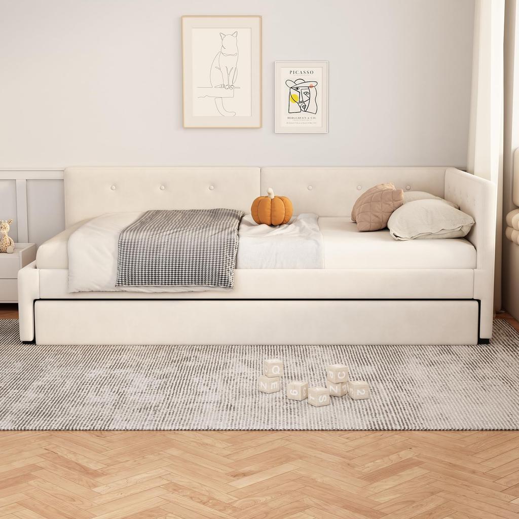 Schlafsofa Polsterbett 90 x 200 cm, Ausziehbares Bettsofa, Ausziehbett mit Rollen, Samt minimalistisches Styling,Ohne Matratze