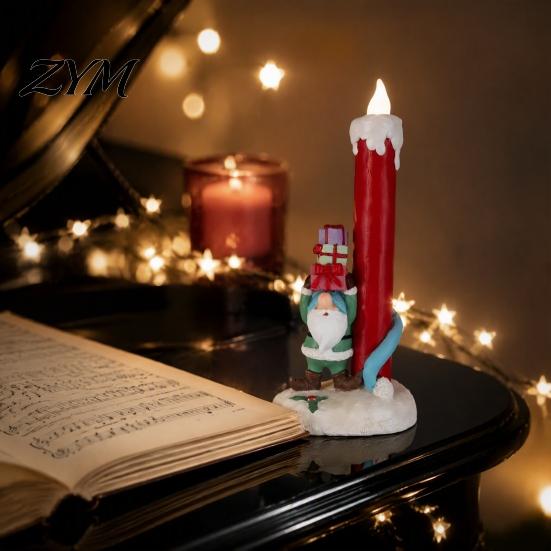 Cute Christmas Character Statues Resin Figurine Candle Holder, LED Flameless Electronic Light, Battery Operated Candles Snowman Elf Reindeer Tabletop