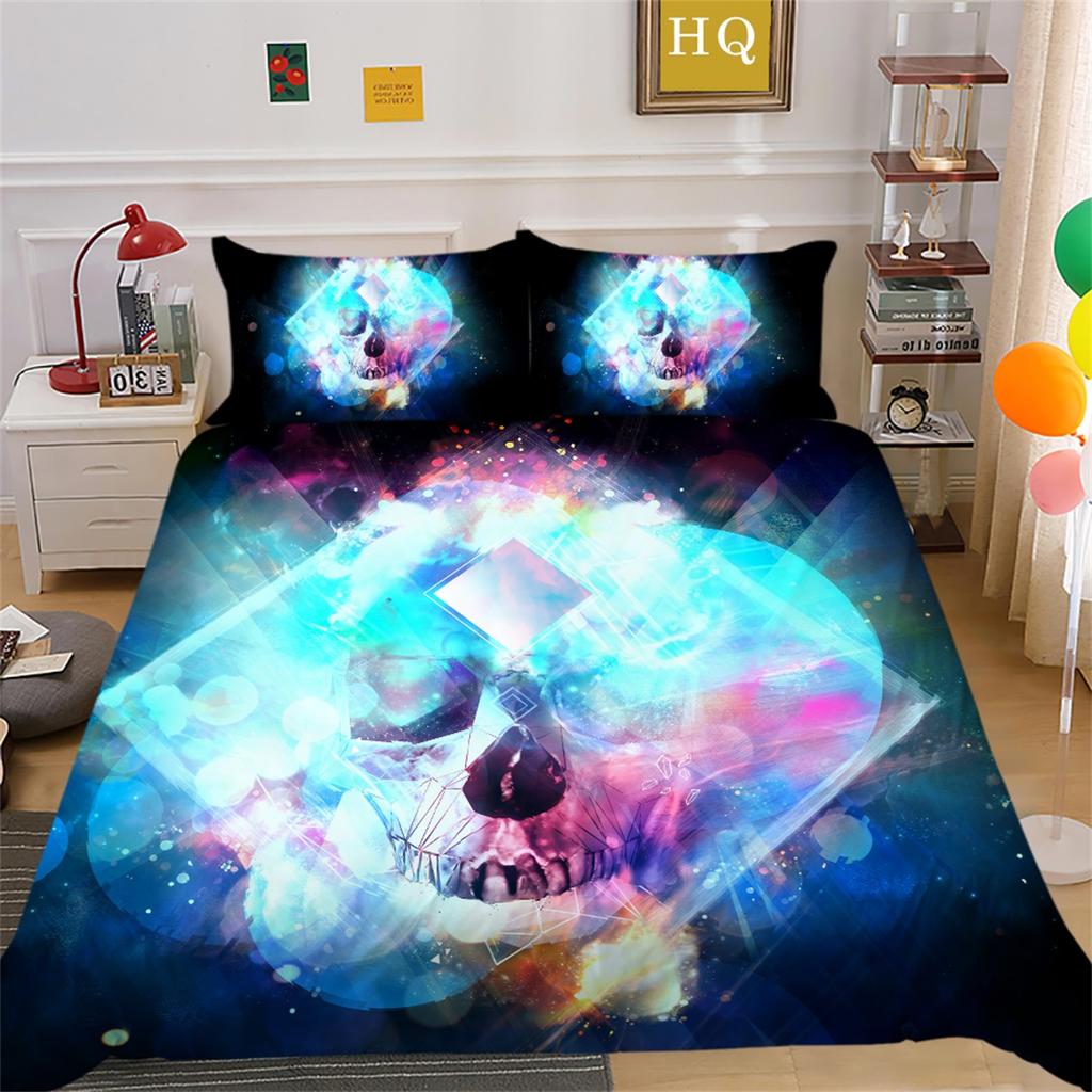 3D Horror Patterned Printed Bedding Set with Skull Head Pattern Down Duvet and Pillowcase 2/3 Pieces Halloween Festive Atmosphere Home Decoration