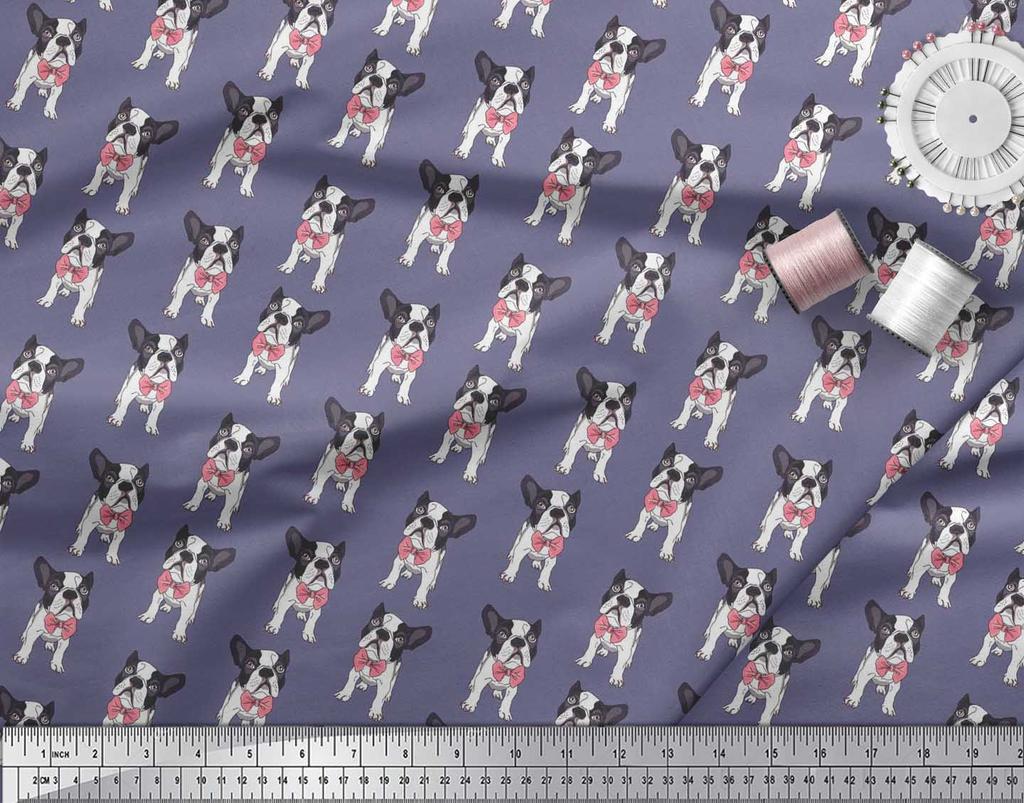 Soimoi Japan Crepe Satin Fabric Bow & Boston Terrier Dog Print Fabric by the Metre 42 Inch