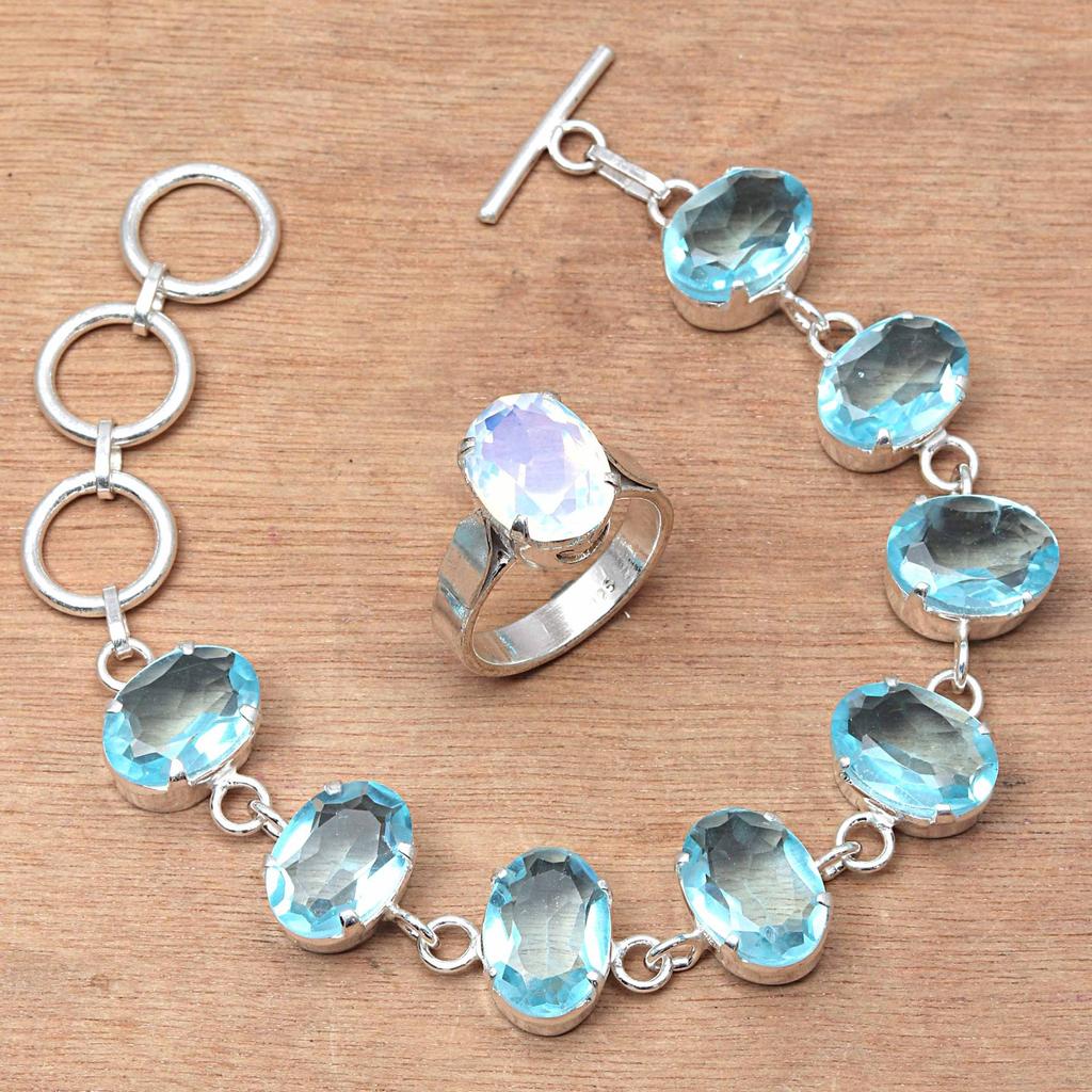 Swiss Blue Quartz Gemstone Women's Unisex Jewelry Bracelets & Rings 7-8''