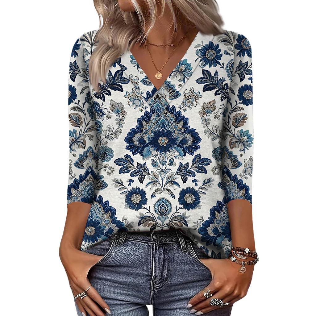 Женские рубашки с рукавом 3/4, топы с принтом и V-образным вырезом, повседневные топы, базовые футболки, блузки, свободные топы