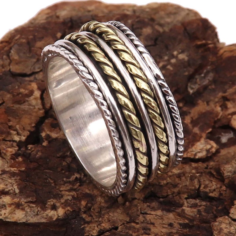 Кольцо-спиннер из кованого серебра, кольцо из стерлингового серебра 925 пробы, массивное кольцо в стиле бохо, широкое кольцо для непоседы, кольцо ручной работы, кольцо для медитации, подарок для нее