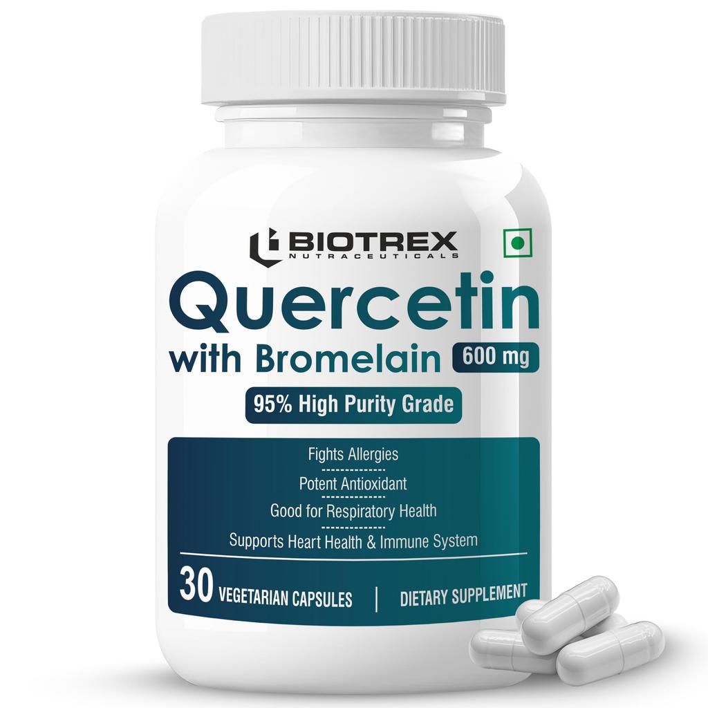 Biotrex Nutraceuticals Кверцетин с Бромелайном 600 мг Улучшение здоровья дыхательных путей | Антиоксидант | Борьба с аллергией | Иммунитет и сердечно-сосудистое здоровье