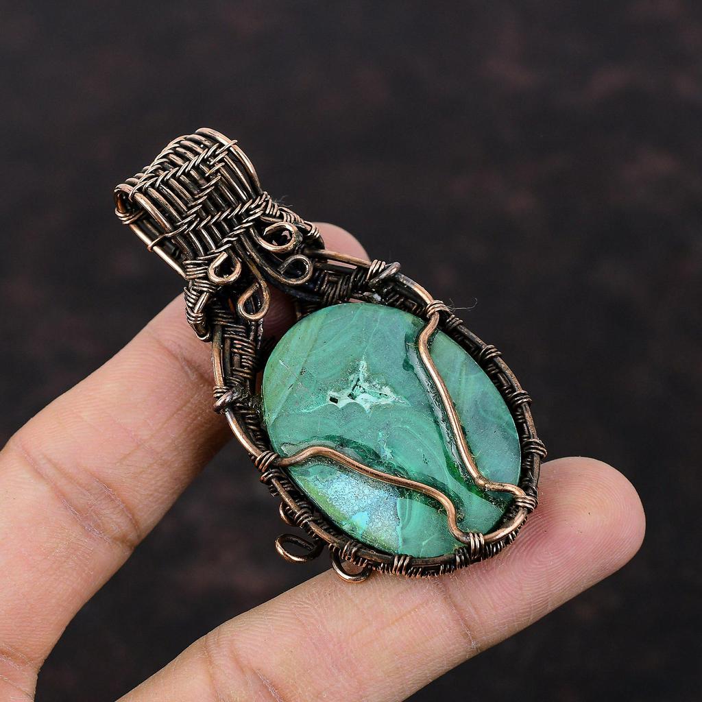Подвеска из малахита, подвеска, обернутая медной проволокой, подвеска ручной работы, этнические украшения, подвеска из натурального драгоценного камня, украшения из медной проволоки, свадебный подарок