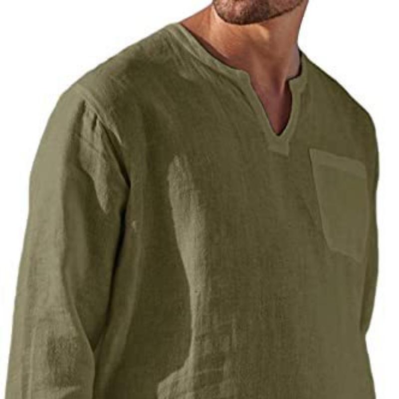 Модная мужская повседневная пляжная льняная рубашка с длинным рукавом и V-образным вырезом, мужские топы