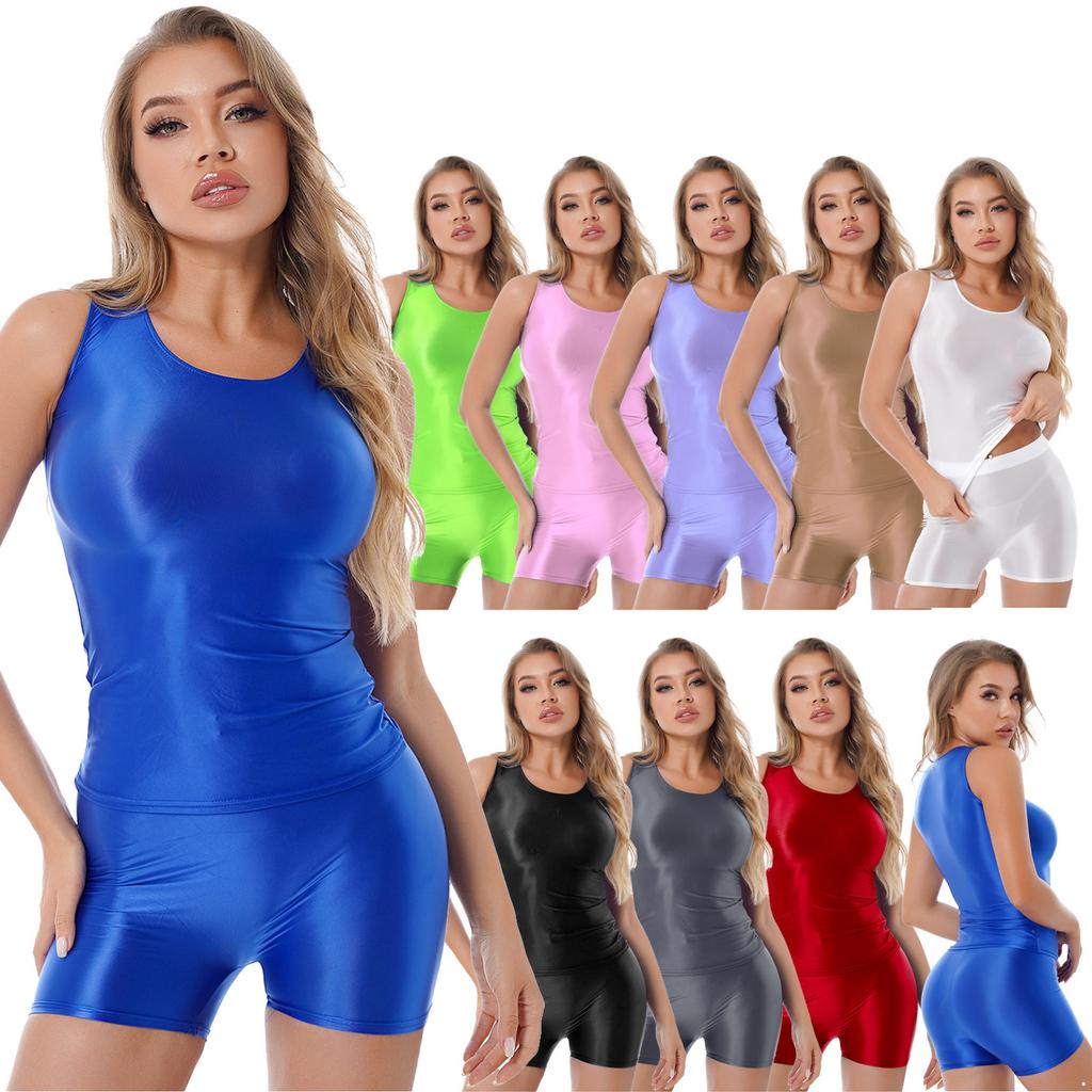2Pcs Womens Glossy Swimsuit Outfit Sleeveless Tights Tee With Shorts Set Yoga Workout Sports Suit Pole Dancing Clubwear