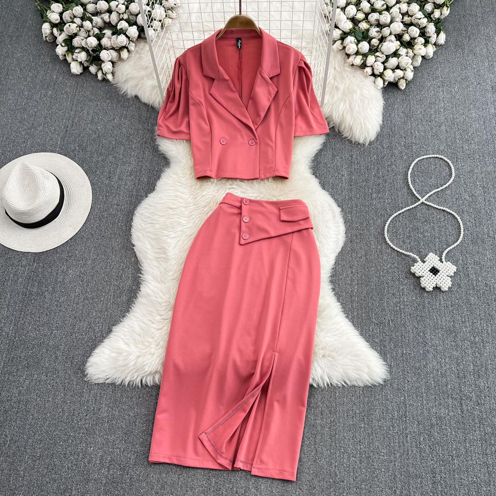 Женский костюм в стиле ретро с лацканами, свободная короткая куртка с пышными рукавами, юбка из двух частей с высокой талией и разрезом