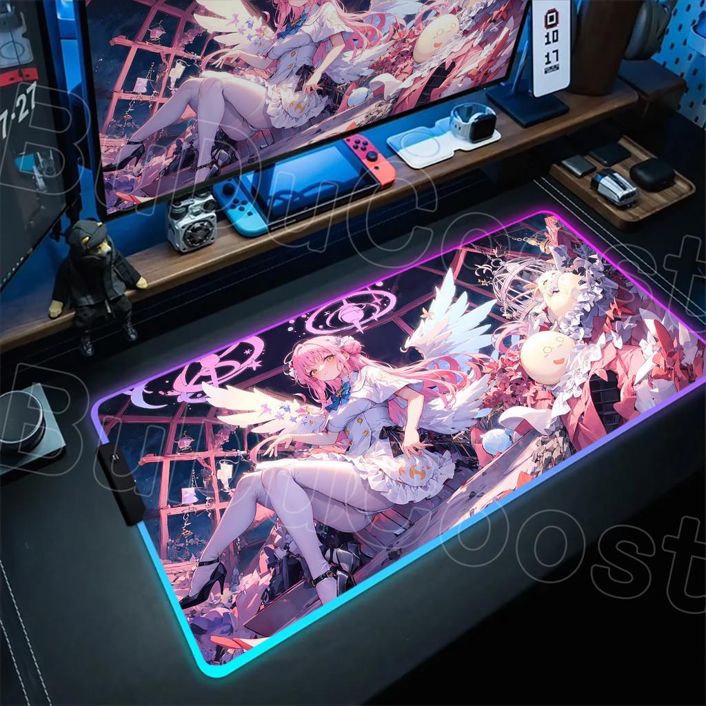 RGB Blue Archive Kawaii Misono Mika Mousepad PC Gaming Accessories Desk Mat Non-Slip Rubber Cool Light LED Office Work Mousepad