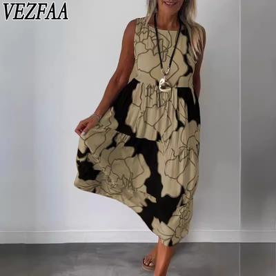 Женская мода лето весна геометрический принт без рукавов О-образный вырез свободная талия повседневные платья