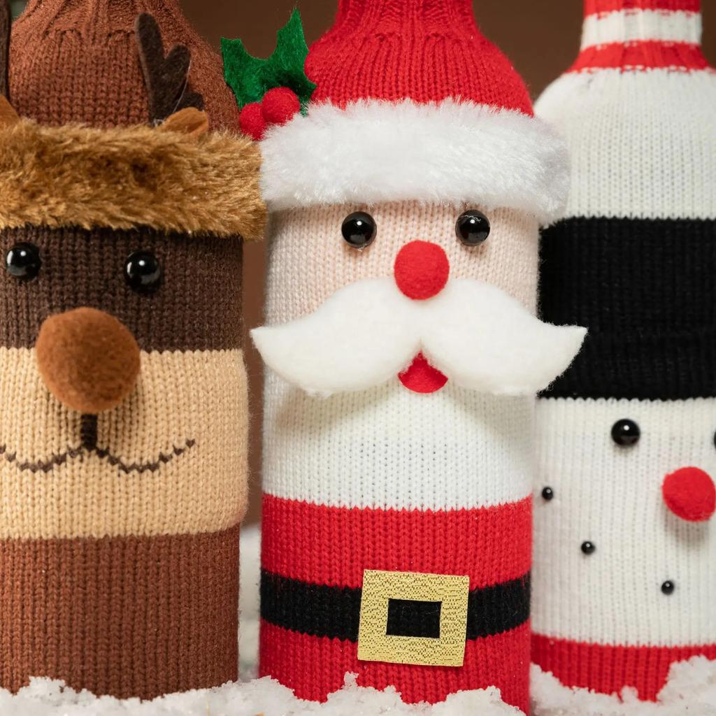 Креативный рождественский комплект чехлов для бутылок вина, вязаный полосатый шерстяной акриловый чехол для бутылки красного вина и шампанского, рождественский новогодний декоративный чехол