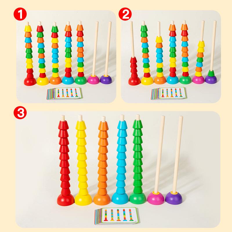 Wooden Abacus Stacking Columns - With Beads Sorting Columns And Cards To Exercise Hand-Eye Coordination And Color Recognition