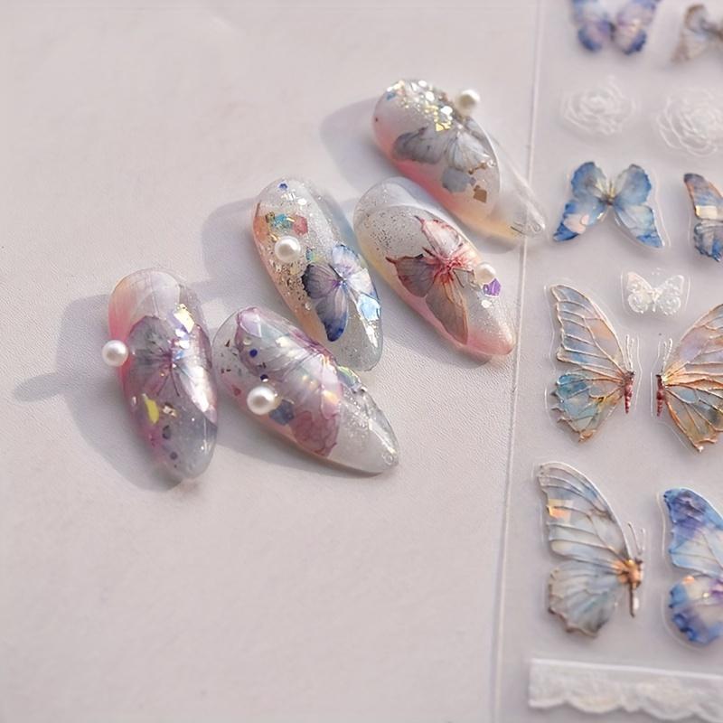 1 комплект 5D тисненных лазерных бабочек с дизайном ногтей, наклейки для дизайна ногтей, весенние наклейки для дизайна ногтей, самоклеящиеся принадлежности для дизайна ногтей