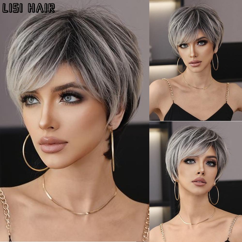 LISI HAIR Синтетические смешанные серые, черные парики, короткие прямые натуральные парики, термостойкий парик для пожилых женщин, повседневная одежда для вечеринок