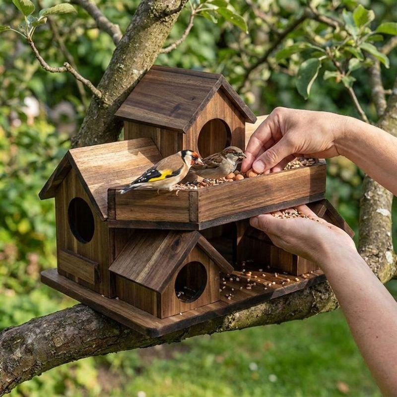 Handmade Wooden Bird House Waterproof 3 Chambers Bird Villa Nest Thickened Weather Resistant Bird Feeding Birdhouse Courtyard
