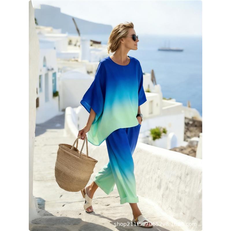 1116 Spring and Summer Bohemian Ink Painting Printing Two-piece Set Female Loose Casual Seaside Vacation Ladies Set
