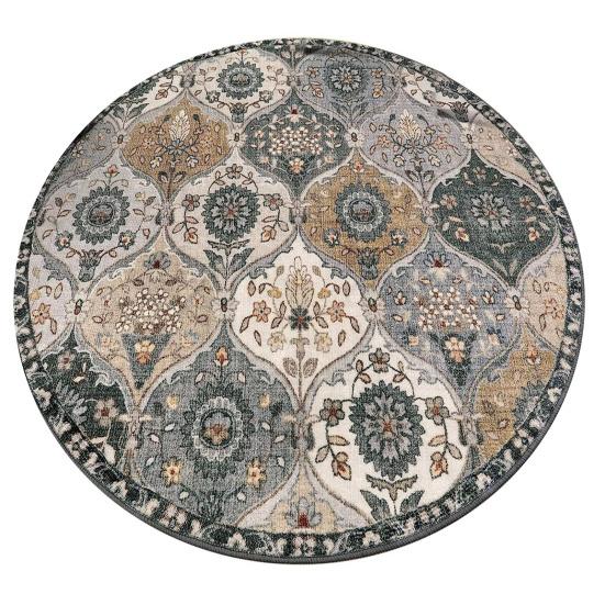Round Moroccan Area Rug Vintage Flower Print Washable Living Room Bedroom Office