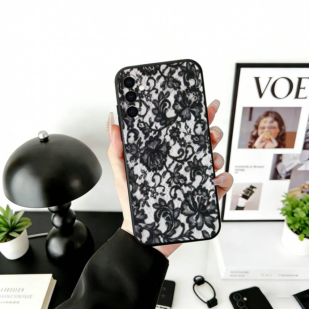 Черный кружевной принт Чехол для телефона Для Samsung Galaxy A73,A72,A71,A70,A53,A52,A51,Другие Мягкий черный чехол