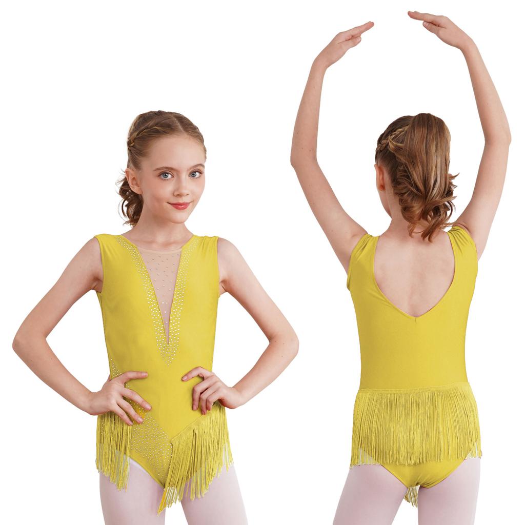 Kids Girls Shiny Figure Skating Sleeveless Leotard Rhythmic Gymnastics Fringed Bodysuit