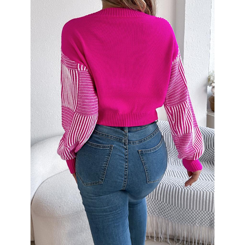 GMXIA Autumn and Winter Casual Striped Lantern Sleeve Pullover Crop Top Women's Sweater