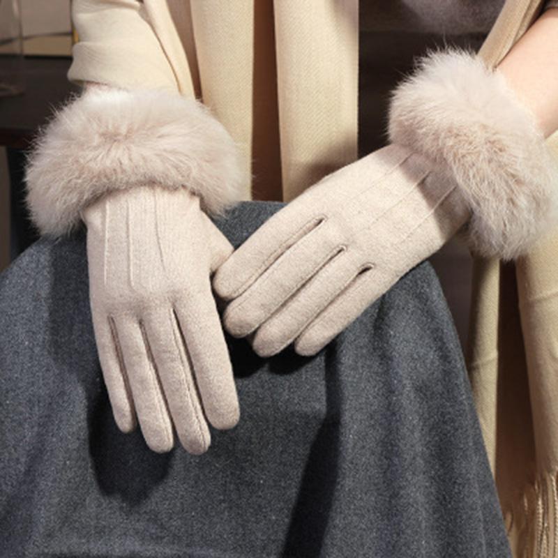 Rabbit Fur Gloves Female Winter Velvet Thicken Warm Mittens Cashmere Full Finger Embroidery Wool Touch Screen Driving Gloves H65