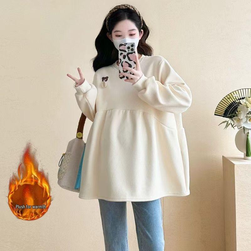 2025 Корейский стиль Свободный с круглым вырезом Флисовый свитшот для беременных на осень/зиму