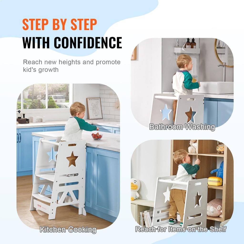 Tower Step Stool for Toddlers Kids 3-Level Height Adjustable 350LBS White