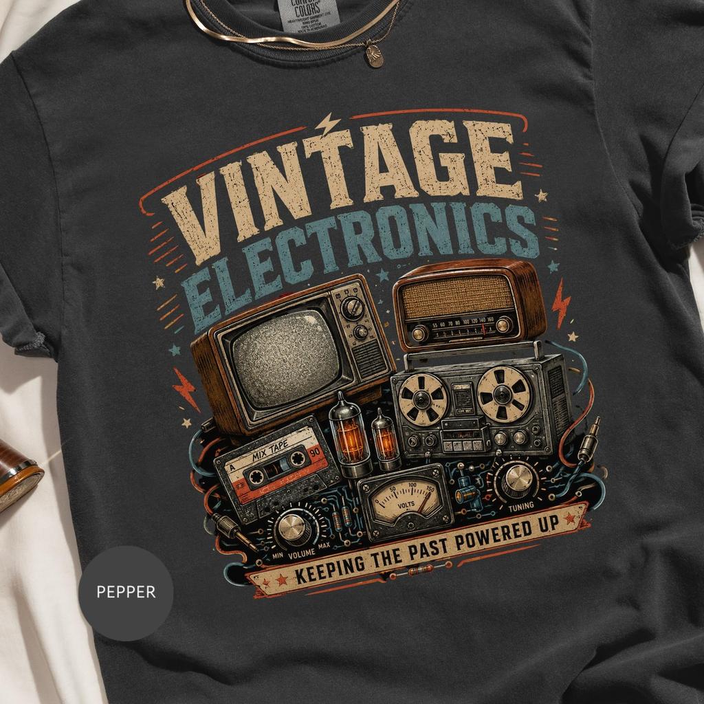 Vintage Electronics Keeping Past Powered Up T-Shirt | Retro Tech Lover Gift, Old School Audio TV Aesthetic Mixtape Graphic Tee