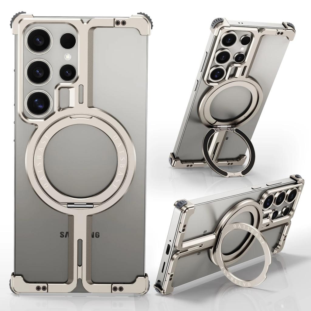 Oatsbasf Frameless Phone Case for Samsung Galaxy S25 Ultra with Ring Stand 360° Rotatable Magnetic Phone Cover Shockproof Bumper